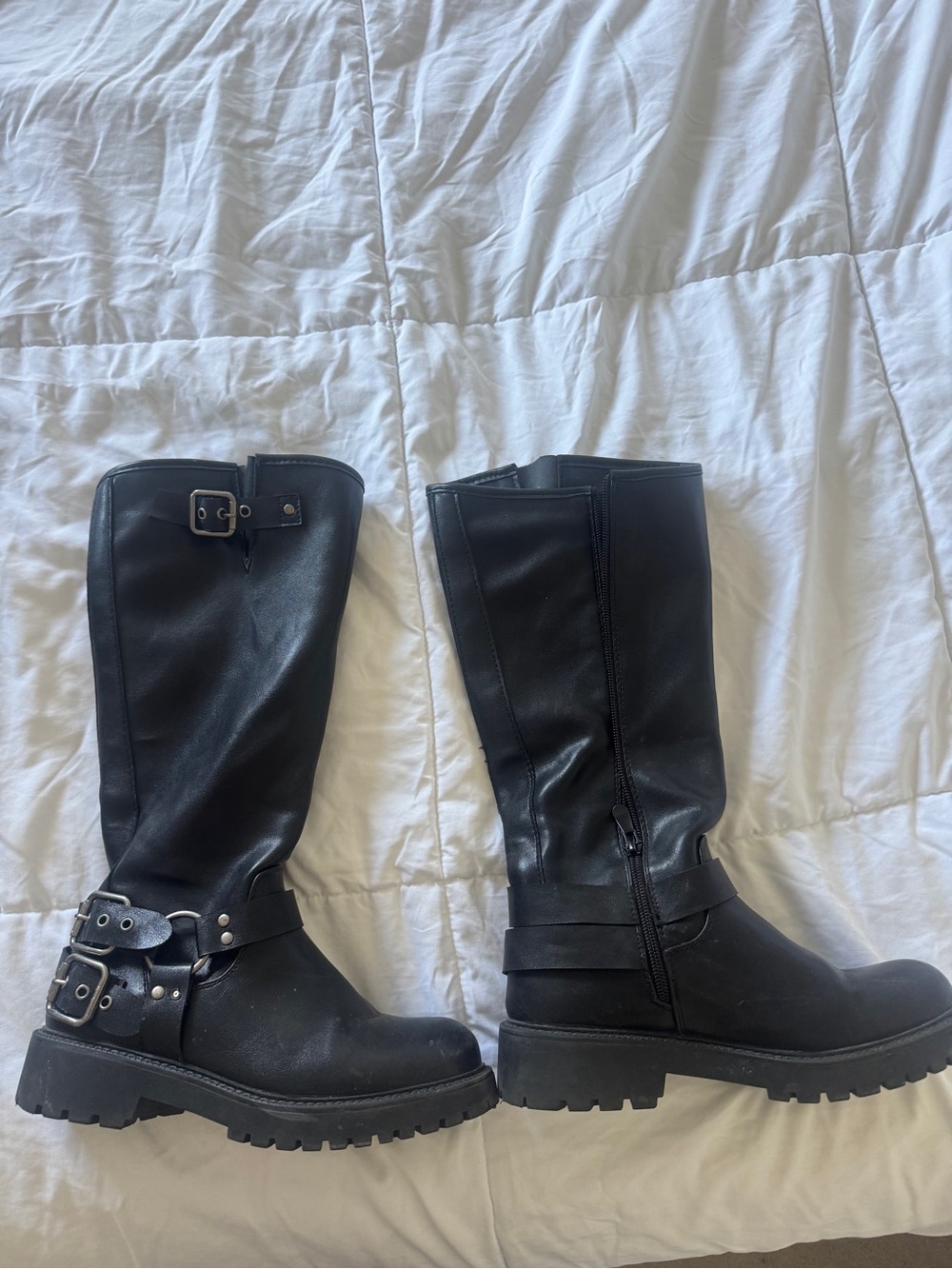Black Women's Mid-Calf Buckle Combat Boots